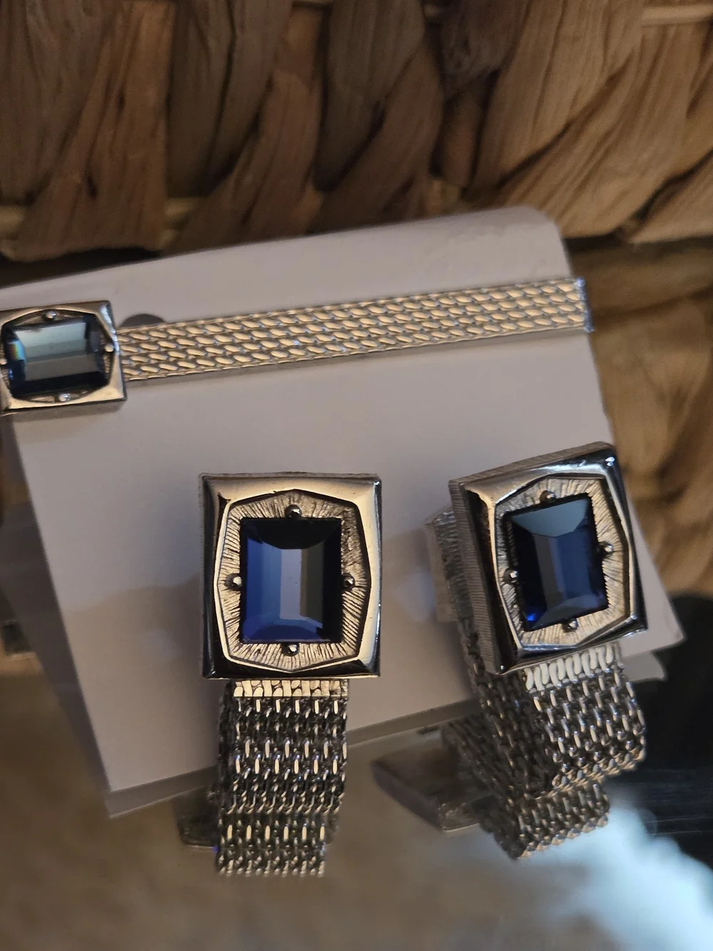 SWANK Vintage 1960s Blue Stone Mesh Cufflinks & Tie Bar Set